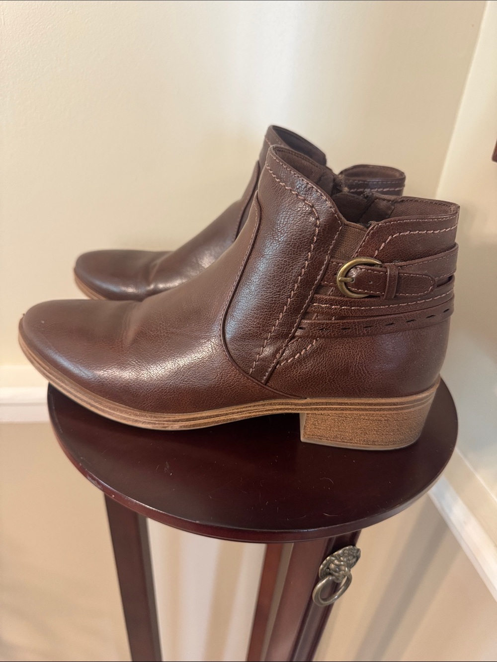 Bear Traps Classic Brown Faux Leather Ankle Booties with Buckle Strap